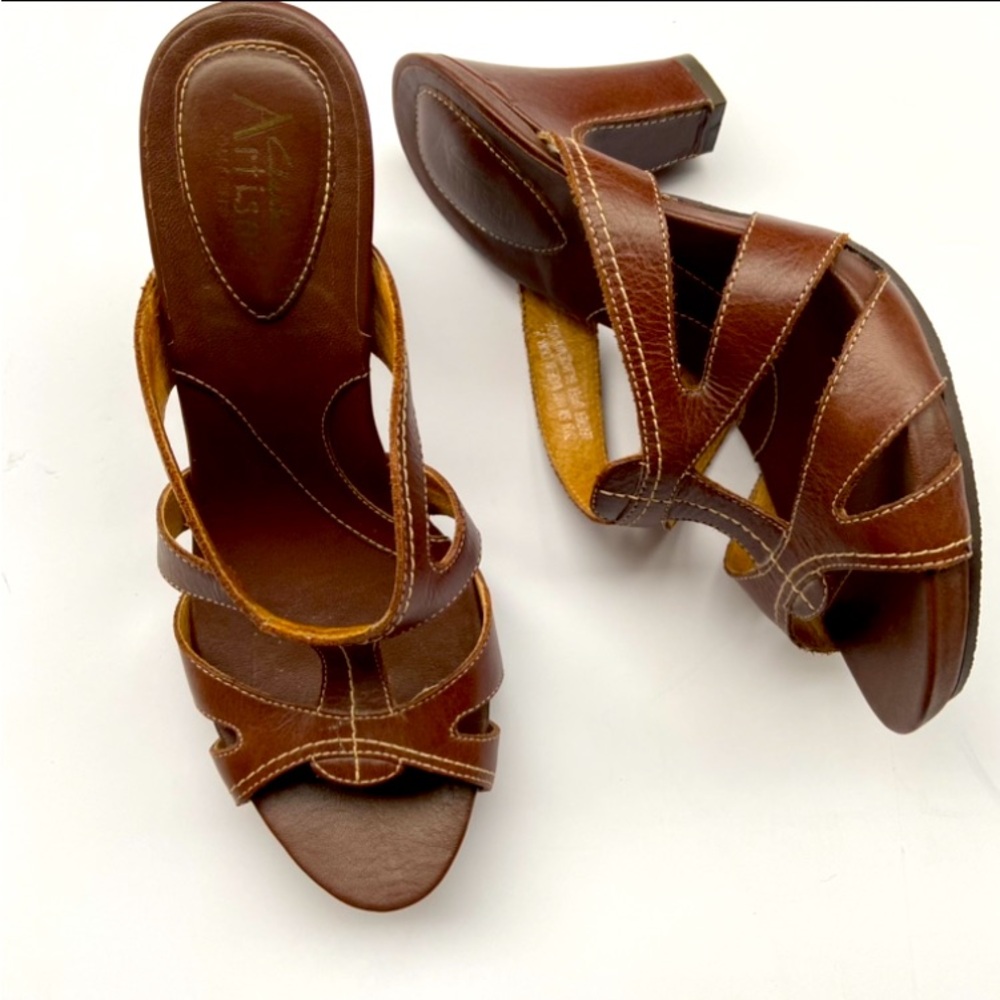CLARKS “Artisan Collection” Brown Leather Slip On Open Toe Heels Size 5.5 M
